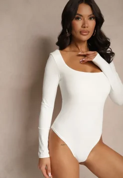 Białe Body Longsleeve o Dopasowanym Kroju z Kwadratowym Dekoltem Sesadiel