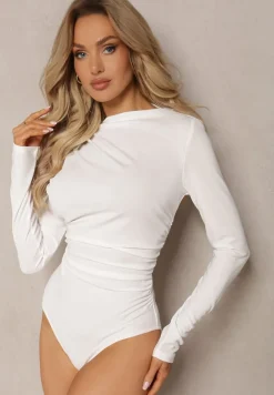 Białe Body Ozdobione Marszczeniami z Długimi Rękawami i Zabudowanym Dekoltem Tudovica