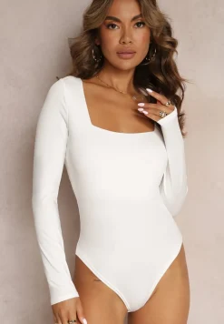 Białe Body z Kwadratowym Dekoltem i Długim Rękawem Gazzla