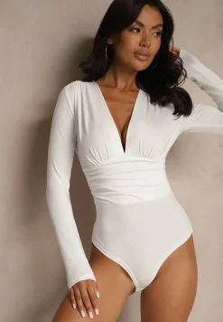 Białe Body z Wiskozą Ozdobione Marszczeniem i Głębokim Dekoltem Labona