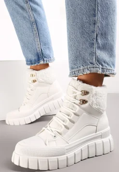 Białe Botki na Grubej Podeszwie z Futerkiem Nemda
