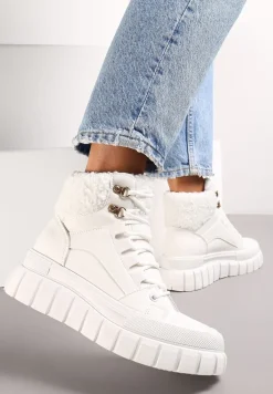 Białe Botki na Grubej Podeszwie z Futerkiem Nemda