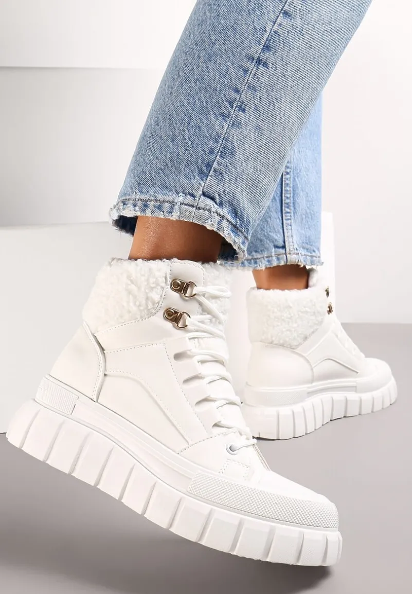 Białe Botki na Grubej Podeszwie z Futerkiem Nemda