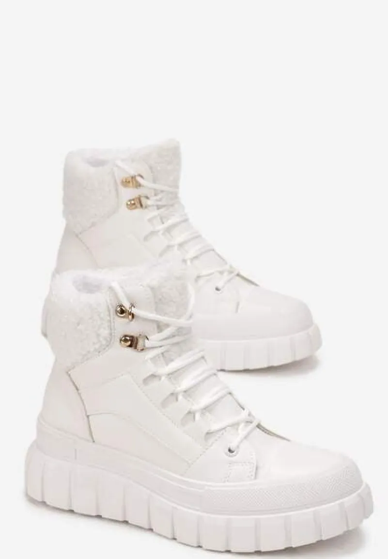 Białe Botki na Grubej Podeszwie z Futerkiem Nemda