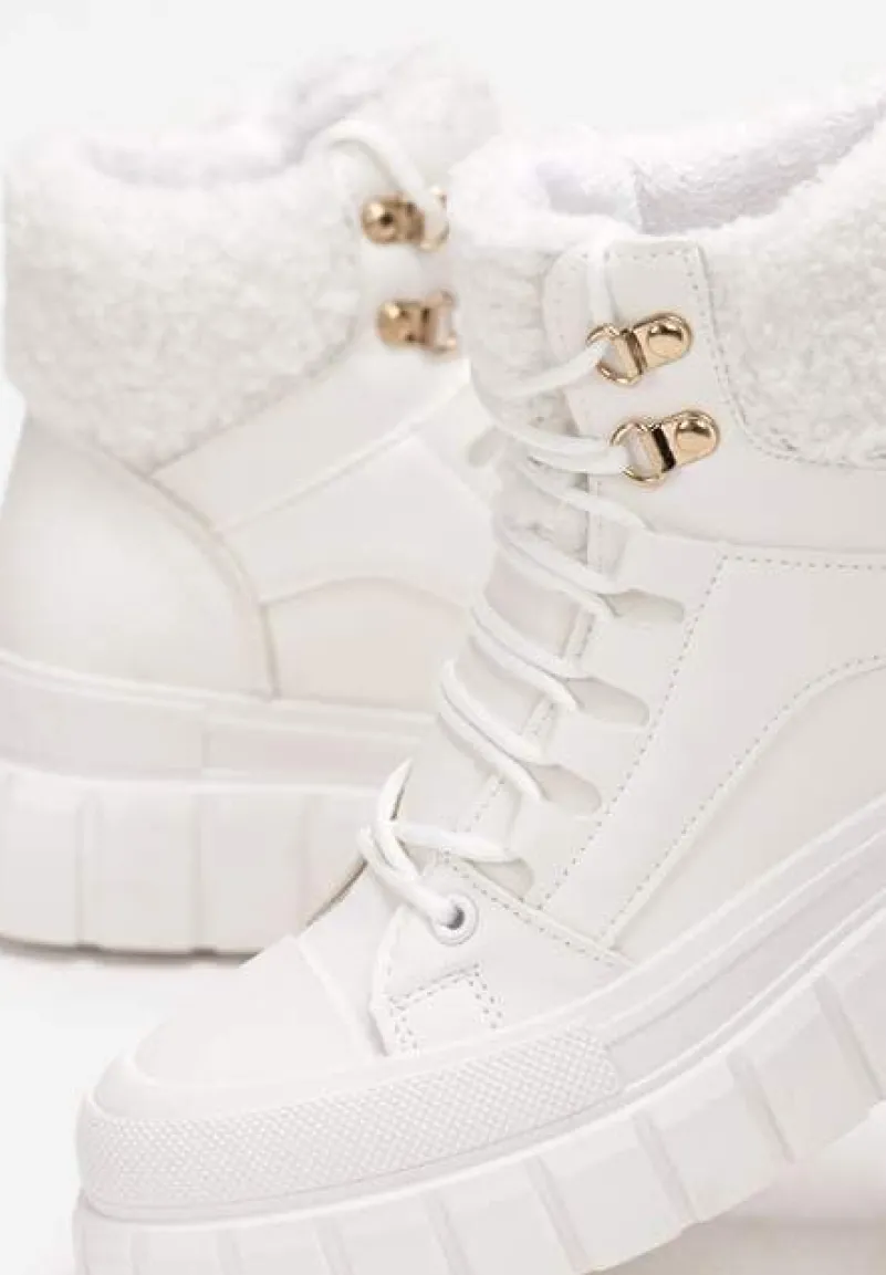 Białe Botki na Grubej Podeszwie z Futerkiem Nemda