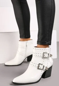 Białe Botki na Słupku Biker Wykończone Klamrami i Nitami Terivian