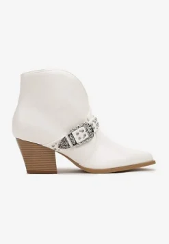 Białe Botki na Słupku w Stylu Kowbojek z Ozdobnym Paskiem i Cyrkoniami Timola