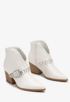 Białe Botki na Słupku w Stylu Kowbojek z Ozdobnym Paskiem i Cyrkoniami Timola
