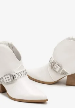 Białe Botki na Słupku w Stylu Kowbojek z Ozdobnym Paskiem i Cyrkoniami Timola