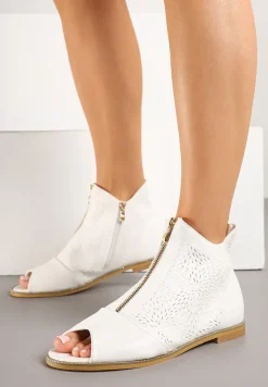 Białe Botki ze Skórzaną Wkładką z Tłoczoną Cholewką Lirive