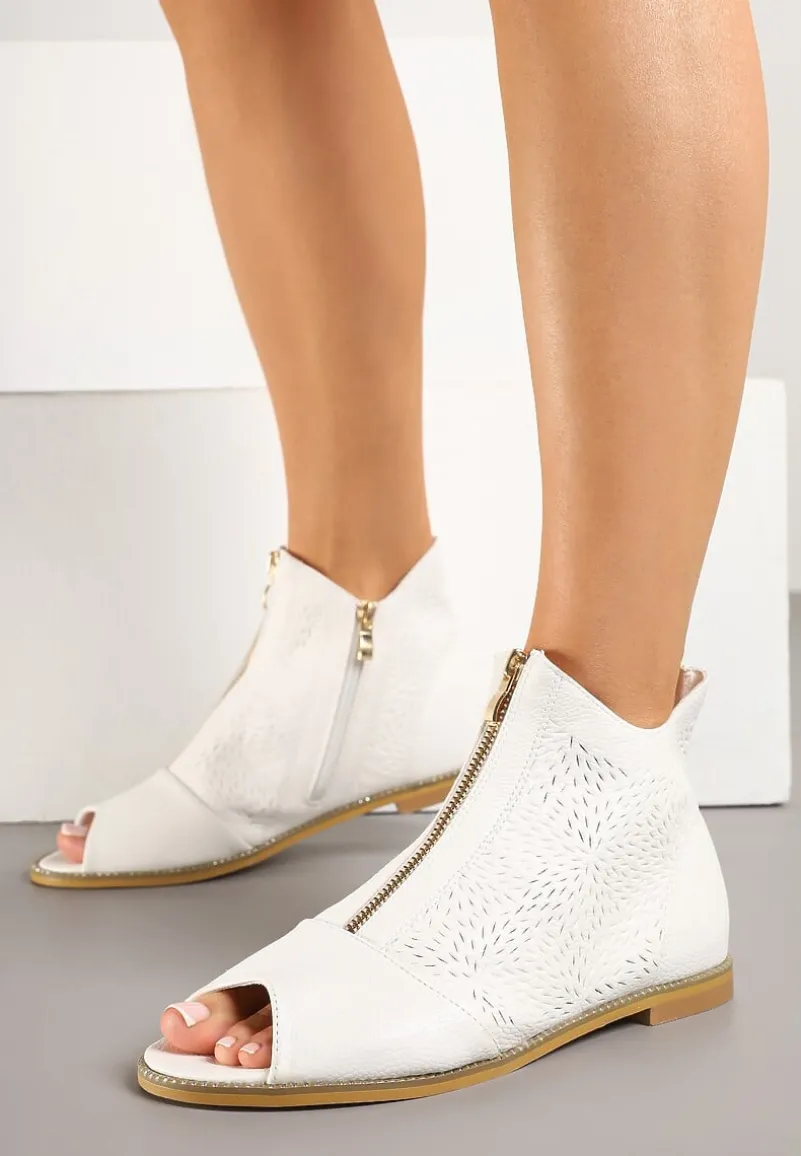 Białe Botki ze Skórzaną Wkładką z Tłoczoną Cholewką Lirive