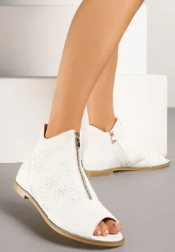 Białe Botki ze Skórzaną Wkładką z Tłoczoną Cholewką Lirive