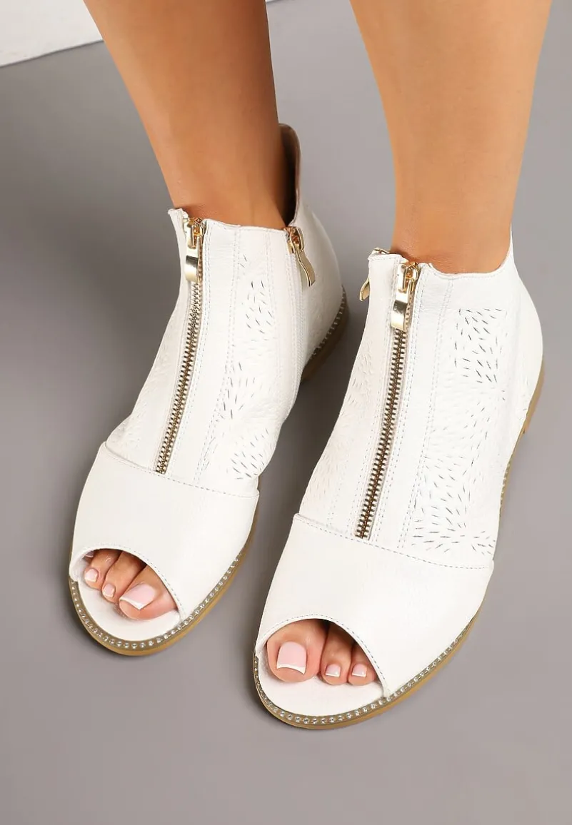 Białe Botki ze Skórzaną Wkładką z Tłoczoną Cholewką Lirive