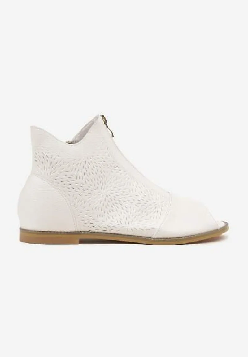 Białe Botki ze Skórzaną Wkładką z Tłoczoną Cholewką Lirive