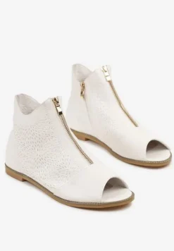 Białe Botki ze Skórzaną Wkładką z Tłoczoną Cholewką Lirive