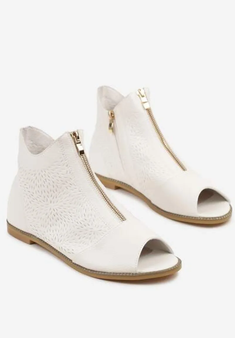 Białe Botki ze Skórzaną Wkładką z Tłoczoną Cholewką Lirive