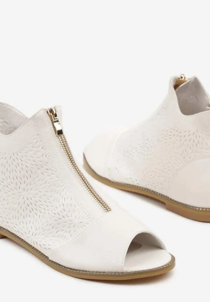 Białe Botki ze Skórzaną Wkładką z Tłoczoną Cholewką Lirive