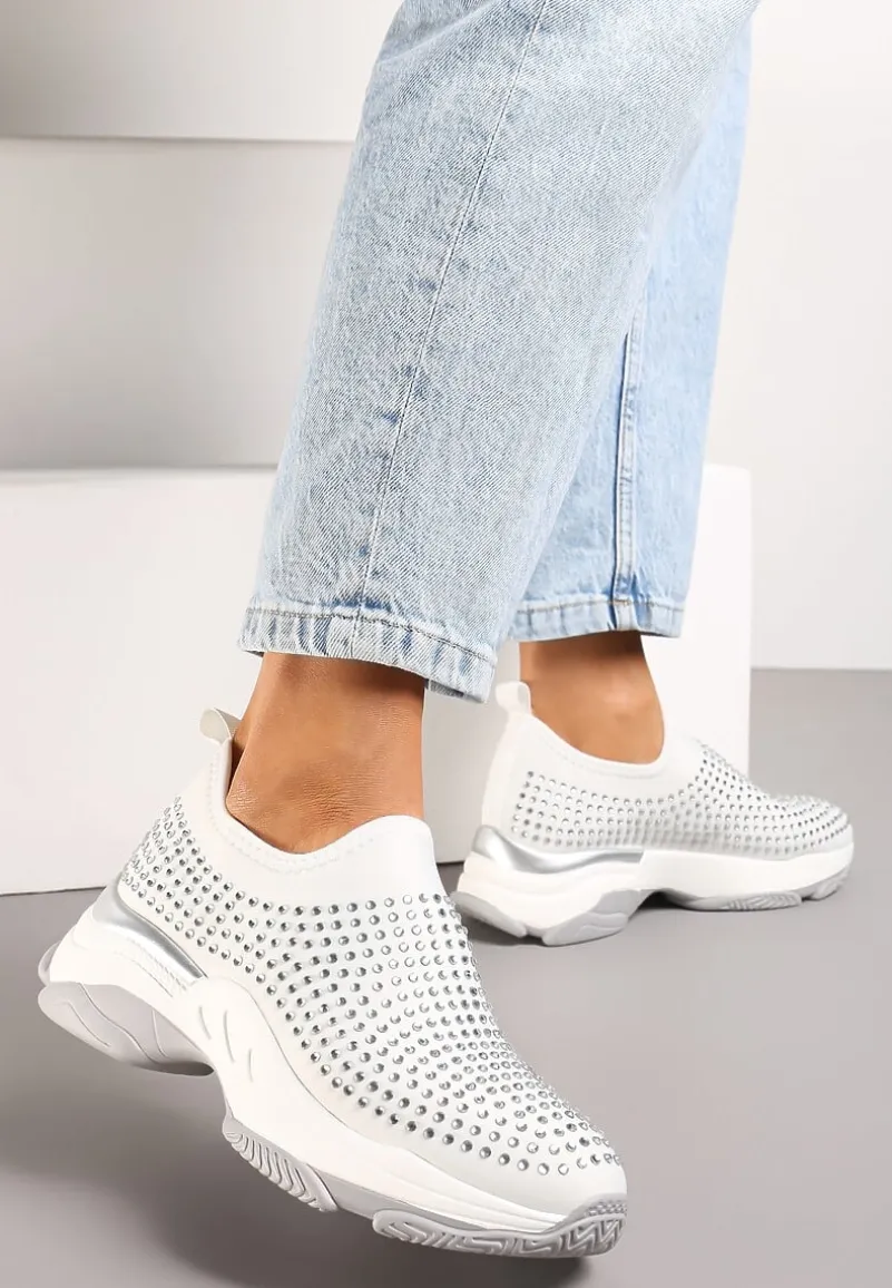Białe Buty Sportowe na Grubej Podeszwie w Cyrkonie Elerene