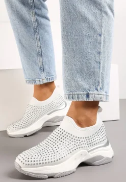 Białe Buty Sportowe na Grubej Podeszwie w Cyrkonie Elerene