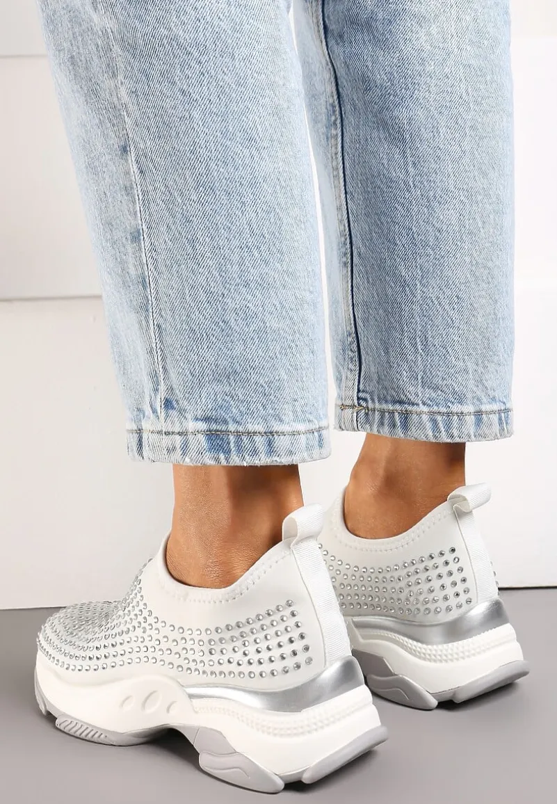 Białe Buty Sportowe na Grubej Podeszwie w Cyrkonie Elerene