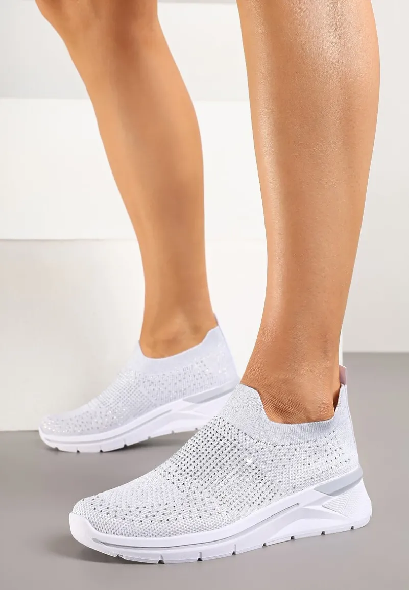 Białe Buty Sportowe z Cholewką przed Kostkę z Miękkiego Materiału Ozdobione Cyrkoniami Telianisa