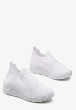 Białe Buty Sportowe z Elastyczną Cholewką na Małym Koturnie Etruda
