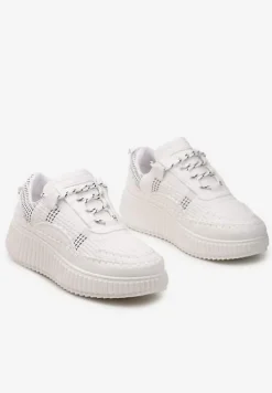Białe Casualowe Sneakersy z Wiązaniem na Wzorzystej Grubej Podeszwie Aniata