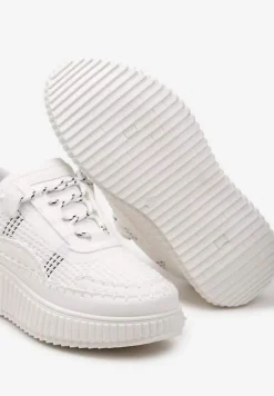 Białe Casualowe Sneakersy z Wiązaniem na Wzorzystej Grubej Podeszwie Aniata