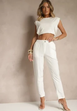 Białe Casualowe Spodnie z Lnem z Gumką w Pasie Filanisse
