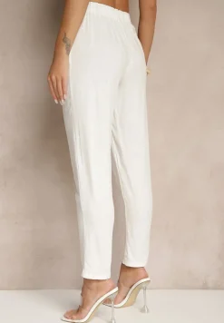 Białe Casualowe Spodnie z Lnem z Gumką w Pasie Filanisse
