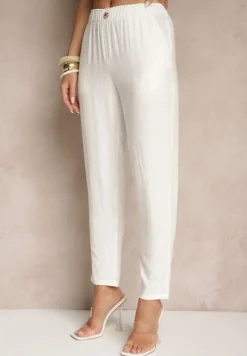 Białe Casualowe Spodnie z Lnem z Gumką w Pasie Filanisse
