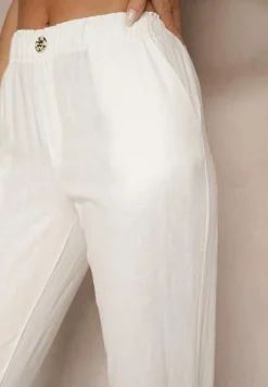 Białe Casualowe Spodnie z Lnem z Gumką w Pasie Filanisse