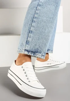 Białe Casualowe Trampki na Platformie ze Sznurowaniem i Niską Cholewką Savaniela