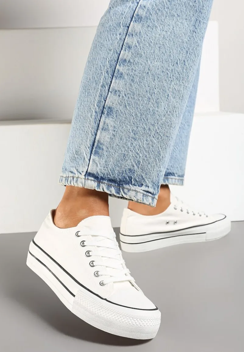 Białe Casualowe Trampki na Platformie ze Sznurowaniem i Niską Cholewką Savaniela