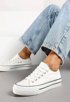 Białe Casualowe Trampki na Platformie ze Sznurowaniem i Niską Cholewką Savaniela