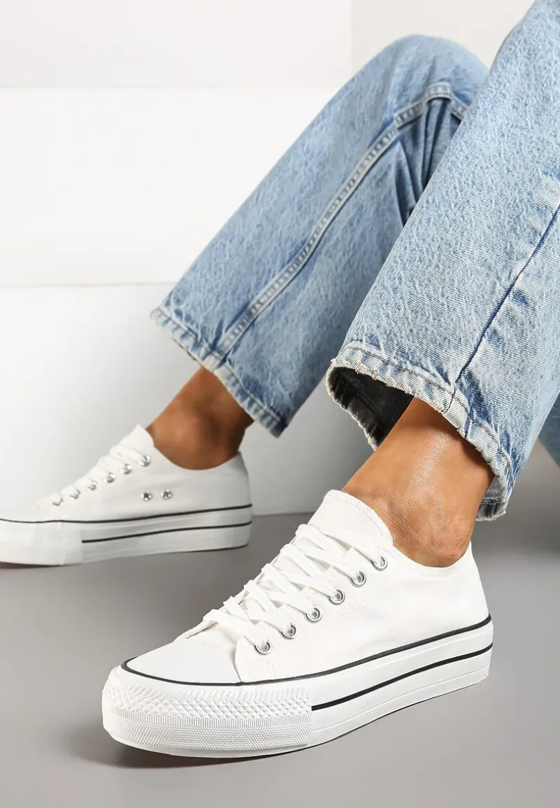 Białe Casualowe Trampki na Platformie ze Sznurowaniem i Niską Cholewką Savaniela
