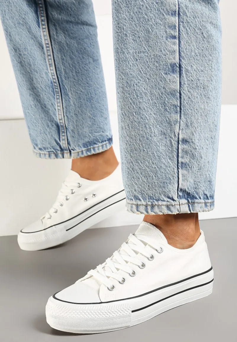 Białe Casualowe Trampki na Platformie ze Sznurowaniem i Niską Cholewką Savaniela