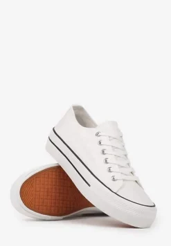 Białe Casualowe Trampki na Platformie ze Sznurowaniem i Niską Cholewką Savaniela