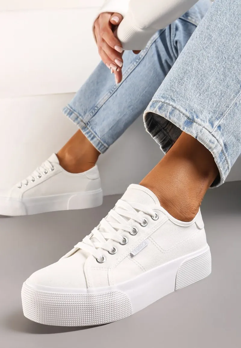 Białe Casualowe Trampki przed Kostkę na Platformie ze Sznurowaniem Reapita