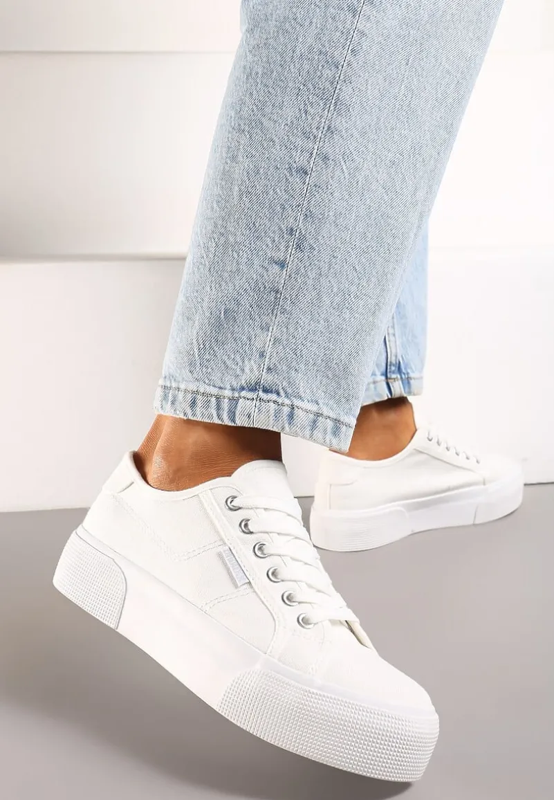 Białe Casualowe Trampki przed Kostkę na Platformie ze Sznurowaniem Reapita