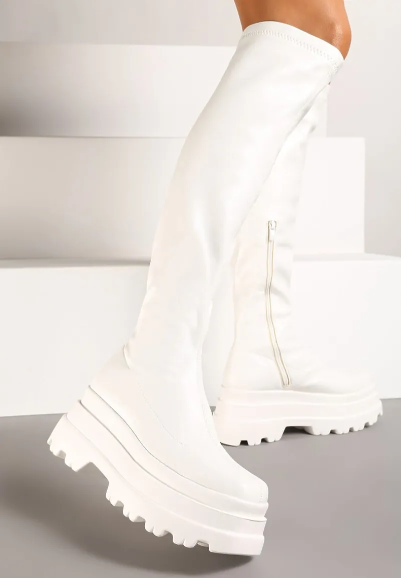 Białe Caualowe Kozaki w Stylu Muszkieterek na Platformie Leniefra