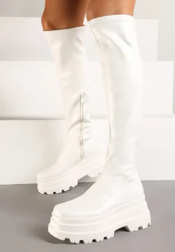 Białe Caualowe Kozaki w Stylu Muszkieterek na Platformie Leniefra