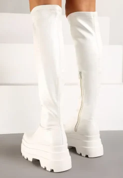 Białe Caualowe Kozaki w Stylu Muszkieterek na Platformie Leniefra