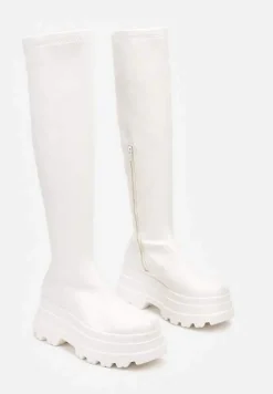 Białe Caualowe Kozaki w Stylu Muszkieterek na Platformie Leniefra