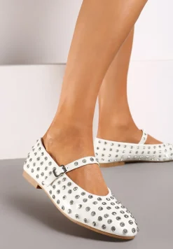 Białe Cyrkoniowe Balerinki na Płaskiej Podeszwie z Ozdobnym Paskiem Bararia