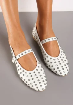 Białe Cyrkoniowe Balerinki na Płaskiej Podeszwie z Ozdobnym Paskiem Bararia
