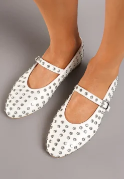 Białe Cyrkoniowe Balerinki na Płaskiej Podeszwie z Ozdobnym Paskiem Bararia