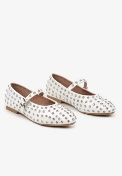 Białe Cyrkoniowe Balerinki na Płaskiej Podeszwie z Ozdobnym Paskiem Bararia