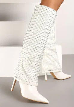 Białe Cyrkoniowe Kozaki na Obcasie z Siateczkową Cholewką Imitującą Nogawkę Temiria