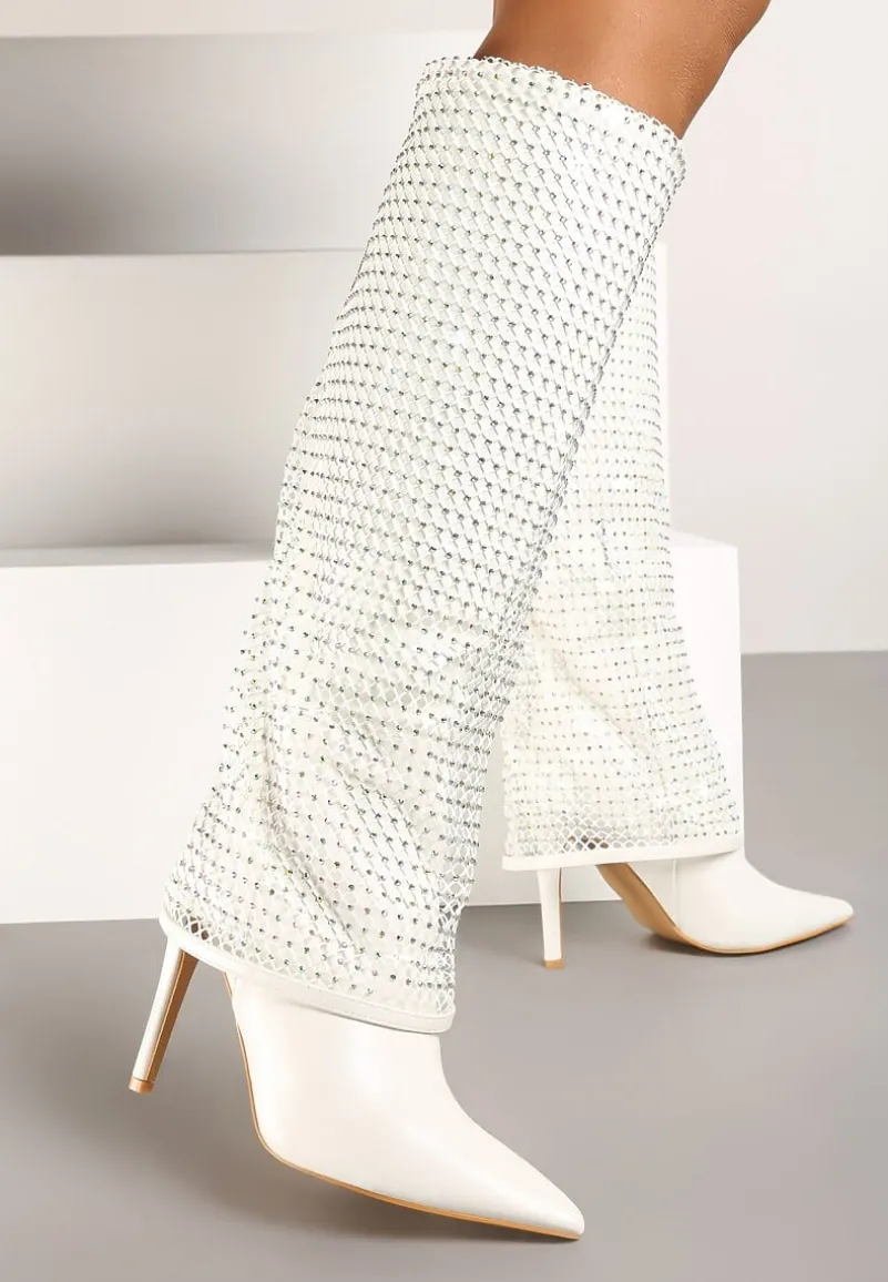 Białe Cyrkoniowe Kozaki na Obcasie z Siateczkową Cholewką Imitującą Nogawkę Temiria